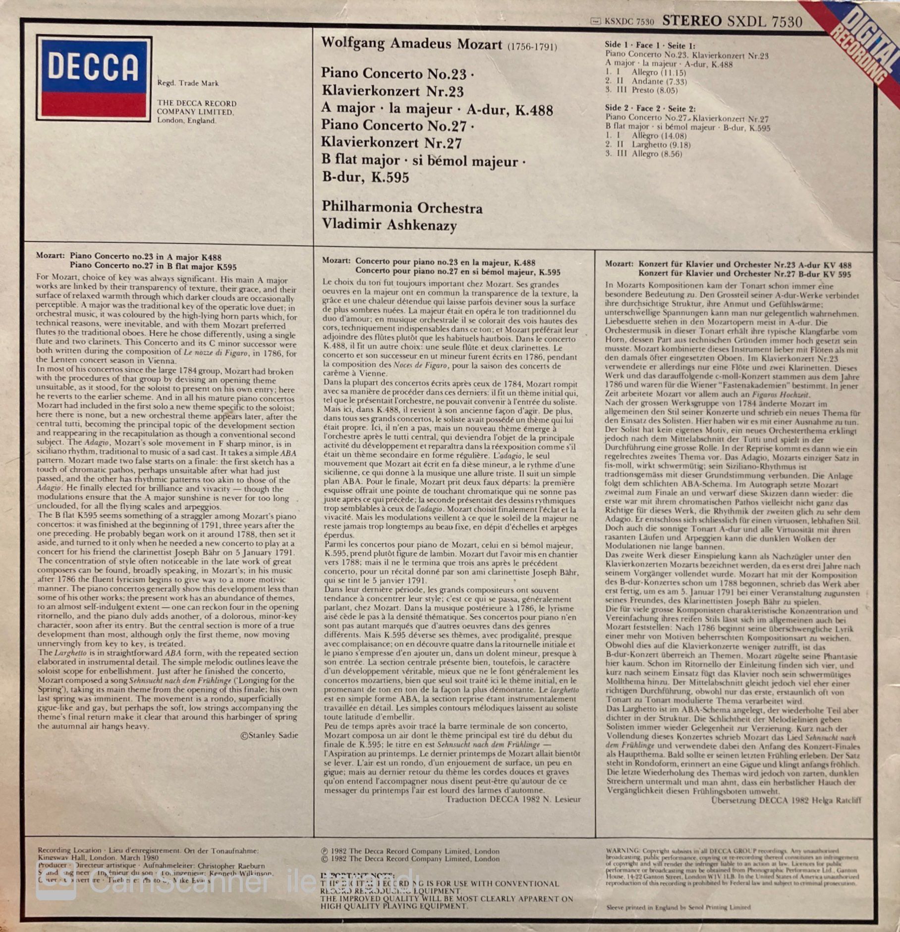 Mozart* - Vladimir Ashkenazy, Philharmonia Orchestra – Piano Concertos · Klavierkonzerte No.23, K.488 · No.27, K.595 LP